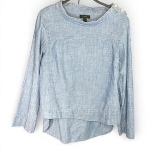 J.Crew Women's Chambray Funnel Neck Top w/ Shoulder Buttons Blue Cotton Size 6